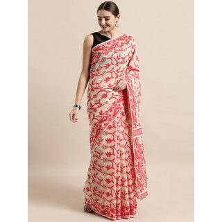 Meia Cream-Coloured & Red Silk Cotton Woven Design Jamdani Saree - Sarees | Buy online on ZillyBuy