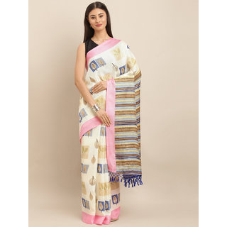 Meia Off-White & Pink Jute Silk Printed Saree - Sarees | Buy online on ZillyBuy
