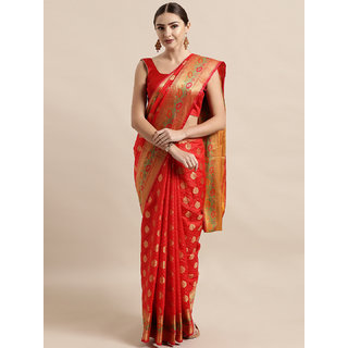 Meia Red & Gold-Toned Silk Blend Woven Design Banarasi Saree - Sarees | Buy online on ZillyBuy