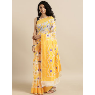Meia White & Yellow Silk Cotton Woven Design Jamdani Saree - Sarees | Buy online on ZillyBuy