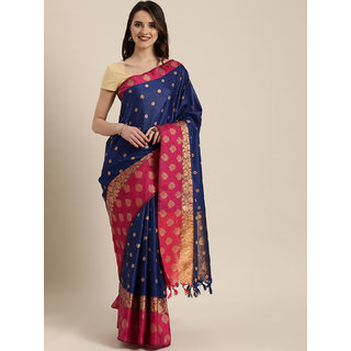 Meia Navy Blue & Pink Silk Blend Woven Design Kanjeevaram Saree - Sarees | Buy online on ZillyBuy