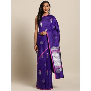 Meia Navy Blue & Silver-Toned Silk Blend Woven Design Kanjeevaram Saree - Sarees | Buy online on ZillyBuy