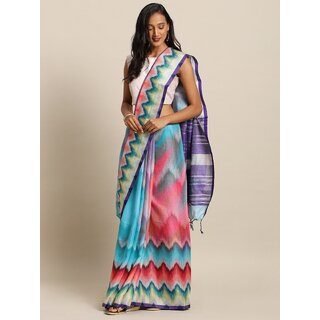 Meia Turquoise Blue & Pink Linen Blend Dyed Ikat Saree - Sarees | Buy online on ZillyBuy
