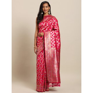 Meia Coral & Gold-Toned Silk Blend Woven Design Banarasi Saree - Sarees | Buy online on ZillyBuy
