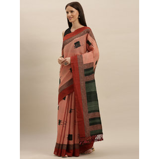 Meia Peach-Coloured & Green Silk Blend Printed Ikat Saree - Sarees | Buy online on ZillyBuy