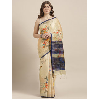 Meia Beige & Navy Blue Linen Blend Flower Angolla Digital Printed Saree - Sarees | Buy online on ZillyBuy