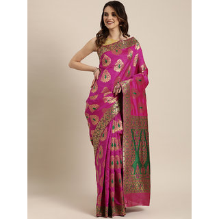 Meia Pink & Gold-Toned Silk Blend Woven Design Banarasi Saree - Sarees | Buy online on ZillyBuy