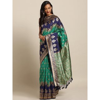 Meia Green & Navy Blue Silk Blend Woven Design Banarasi Saree - Sarees | Buy online on ZillyBuy