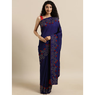 Meia Navy Blue Vichitra Poly Silk Solid Saree with Embellished Border - Sarees | Buy online on ZillyBuy
