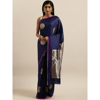 Meia Navy Blue & Gold-Toned Silk Blend Printed Banarasi Saree - Sarees | Buy online on ZillyBuy