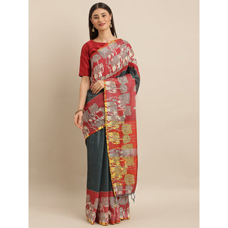 Meia Teal Blue & Red Linen Blend Digital kalamkari Printed Saree - Sarees | Buy online on ZillyBuy