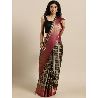 Meia Black & Gold-Toned Tissue Woven Design Checked Kanjeevaram Kora Muslin Saree - Sarees | Buy online on ZillyBuy