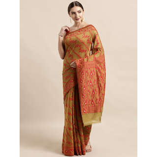 Meia Olive Green & Red Silk Cotton Woven Design Jamdani Saree - Sarees | Buy online on ZillyBuy