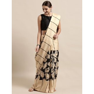 Meia Cream-Coloured & Black Linen Blend Printed Chanderi Saree - Sarees | Buy online on ZillyBuy
