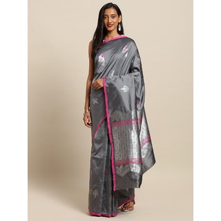Meia Grey & Silver-Toned Silk Blend Woven Design Kanjeevaram Saree - Sarees | Buy online on ZillyBuy