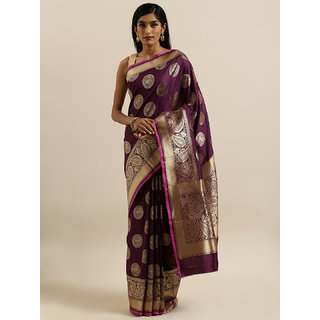 Meia Burgundy & Gold-Colored Silk Blend Woven Design Banarasi Saree - Sarees | Buy online on ZillyBuy