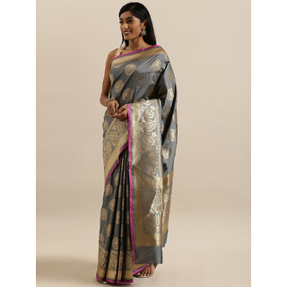 Meia Grey & Gold-Toned Silk Blend Printed Banarasi Saree - Sarees | Buy online on ZillyBuy