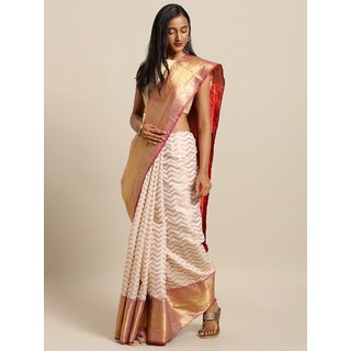 Meia White & Gold-Coloured Silk Blend Woven Design Wedding Kanjeevaram Saree - Sarees | Buy online on ZillyBuy