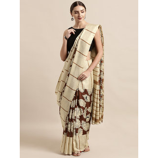 Meia Cream-Coloured & Maroon Linen Blend Printed Chanderi Saree - Sarees | Buy online on ZillyBuy