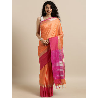 Meia Orange & Pink Linen Blend Solid Saree - Sarees | Buy online on ZillyBuy