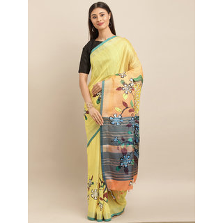 Meia Yellow & Teal Blue Linen Blend Digital kalamkari Printed Saree - Sarees | Buy online on ZillyBuy