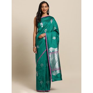 Meia Green & Silver-Toned Silk Blend Woven Design Banarasi Saree - Sarees | Buy online on ZillyBuy