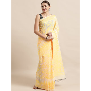 Meia Cream-Coloured & Yellow Silk Cotton Woven Design Jamdani Saree - Sarees | Buy online on ZillyBuy