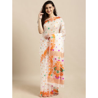 Meia White & Orange Silk Cotton Woven Design Jamdani Saree - Sarees | Buy online on ZillyBuy