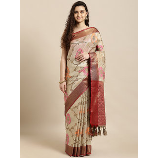 Meia Beige & Pink Silk Blend Woven Design Kanjeevaram Saree - Sarees | Buy online on ZillyBuy