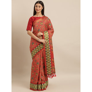 Meia Red & Green Linen Blend Printed Pochampally Saree - Sarees | Buy online on ZillyBuy