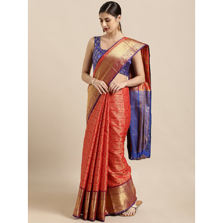 Meia Red & Golden Silk Blend Woven Design Kanjeevaram Saree - Sarees | Buy online on ZillyBuy