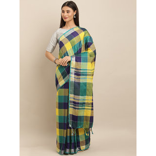 Meia Yellow & Navy Blue Linen Blend Checked Saree - Sarees | Buy online on ZillyBuy