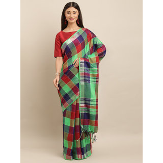 Meia Sea Green & Red Linen Blend Checked Saree - Sarees | Buy online on ZillyBuy