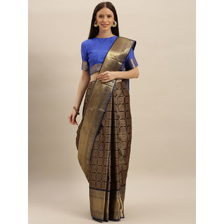 Meia Coffee Brown & Gold-Toned Silk Blend Solid Kanjeevaram Saree - Sarees | Buy online on ZillyBuy