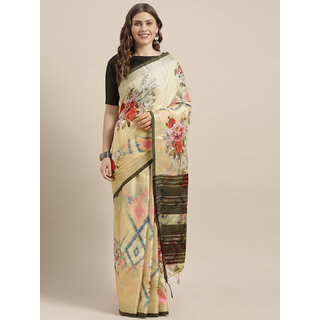 Meia Beige & Black Linen Blend Flower Angolla Digital Printed Saree - Sarees | Buy online on ZillyBuy