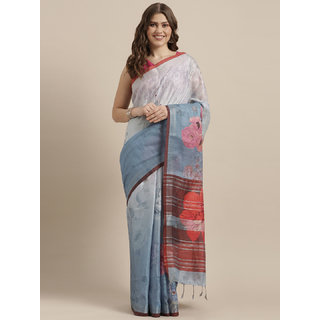 Meia Blue & Pink Linen Blend Printed Saree - Sarees | Buy online on ZillyBuy