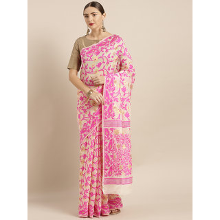 Meia Cream-Coloured & Pink Silk Cotton Woven Design Jamdani Saree - Sarees | Buy online on ZillyBuy