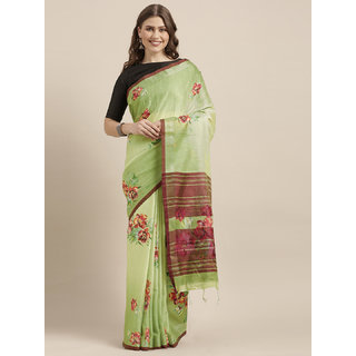 Meia Olive Green & Burgundy Linen Blend Flower Angolla Digital Printed Saree - Sarees | Buy online on ZillyBuy