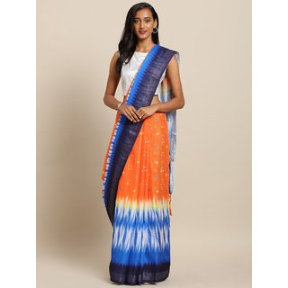 Meia Orange & Blue Linen Blend Printed Bandhani Saree - Sarees | Buy online on ZillyBuy