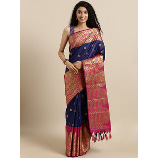 Meia Navy Blue & Pink Silk Blend Woven Design Kanjeevaram Saree - Sarees | Buy online on ZillyBuy