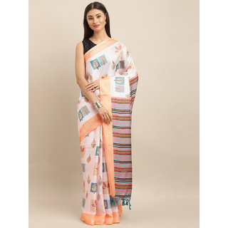 Meia Off-White & Peach-Coloured Jute Silk Printed Saree - Sarees | Buy online on ZillyBuy