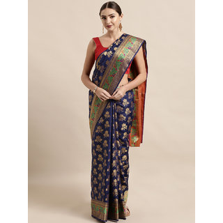 Meia Navy Blue & Gold-Toned Silk Blend Woven Design Banarasi Saree - Sarees | Buy online on ZillyBuy