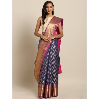 Meia Navy Blue & Gold-Toned Silk Blend Woven Design Kanjeevaram Saree - Sarees | Buy online on ZillyBuy