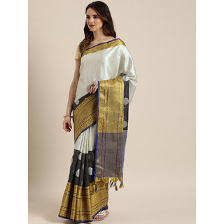 Meia Silver-Toned & Black Silk Blend Woven Design Kanjeevaram Saree - Sarees | Buy online on ZillyBuy