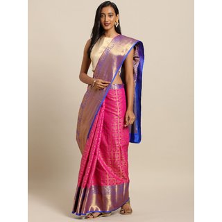 Meia Pink & Blue Silk Blend Checked Kanjeevaram Saree - Sarees | Buy online on ZillyBuy