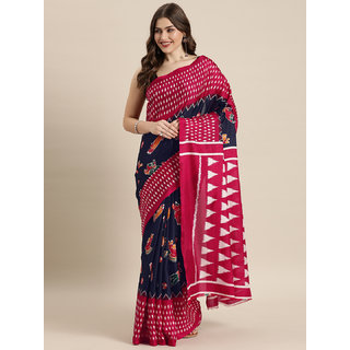 Meia Navy Blue & Pink Linen Blend Kalamkari Printed Chanderi Saree - Sarees | Buy online on ZillyBuy