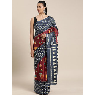 Meia Maroon & Orange Linen Blend Printed Chanderi Saree - Sarees | Buy online on ZillyBuy