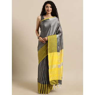 Meia Grey & Yellow Linen Blend Solid Saree - Sarees | Buy online on ZillyBuy