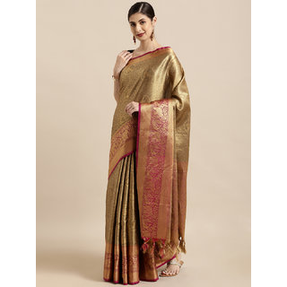 Meia Golden & Pink Silk Blend Woven Design Kanjeevaram Saree - Sarees | Buy online on ZillyBuy