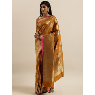 Meia Mustard Yellow & Gold-Colored Silk Blend Woven Design Banarasi Saree - Sarees | Buy online on ZillyBuy